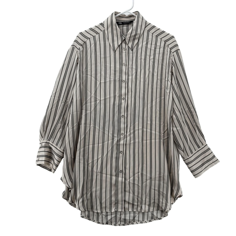 Zara Shirt Womens XS Beige Black Striped Button Down Long Sleeve Relaxed NWT